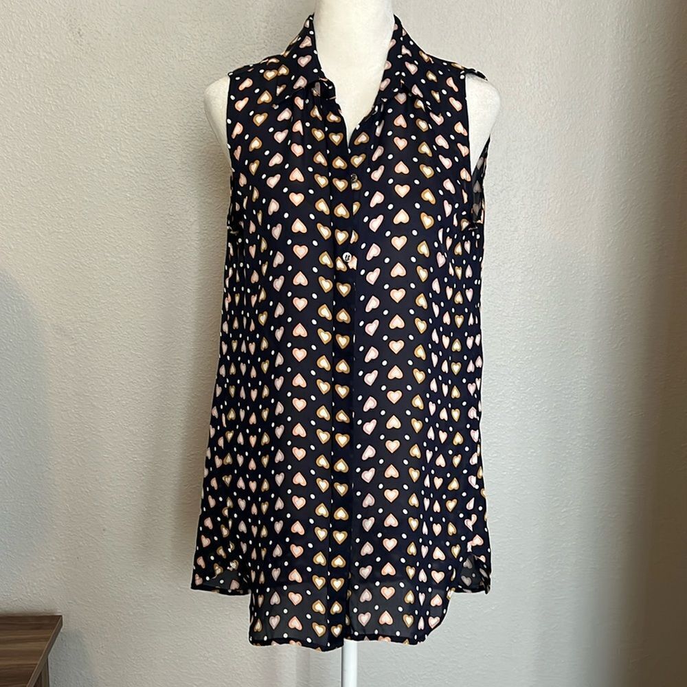 JCrew Heart Print Silk Sleeveless Blouse Size 2 Navy